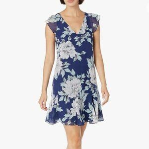 Adrianna Papell V Neck Shrt Sleeve Zip Back Floral Print Godet Hem Chiffon Dress